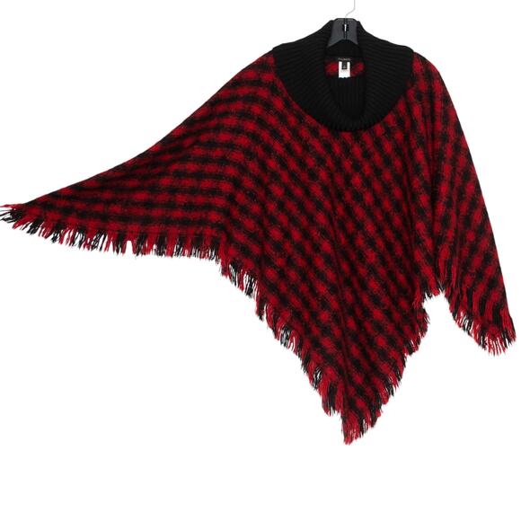 Talbots Poncho Sweater Fringe Buffalo Plaid Western Equestrian Red Black Large - Picture 5 of 6